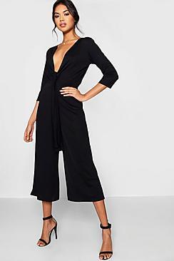 Boohoo Tie Front Plunge Culotte Jumpsuit