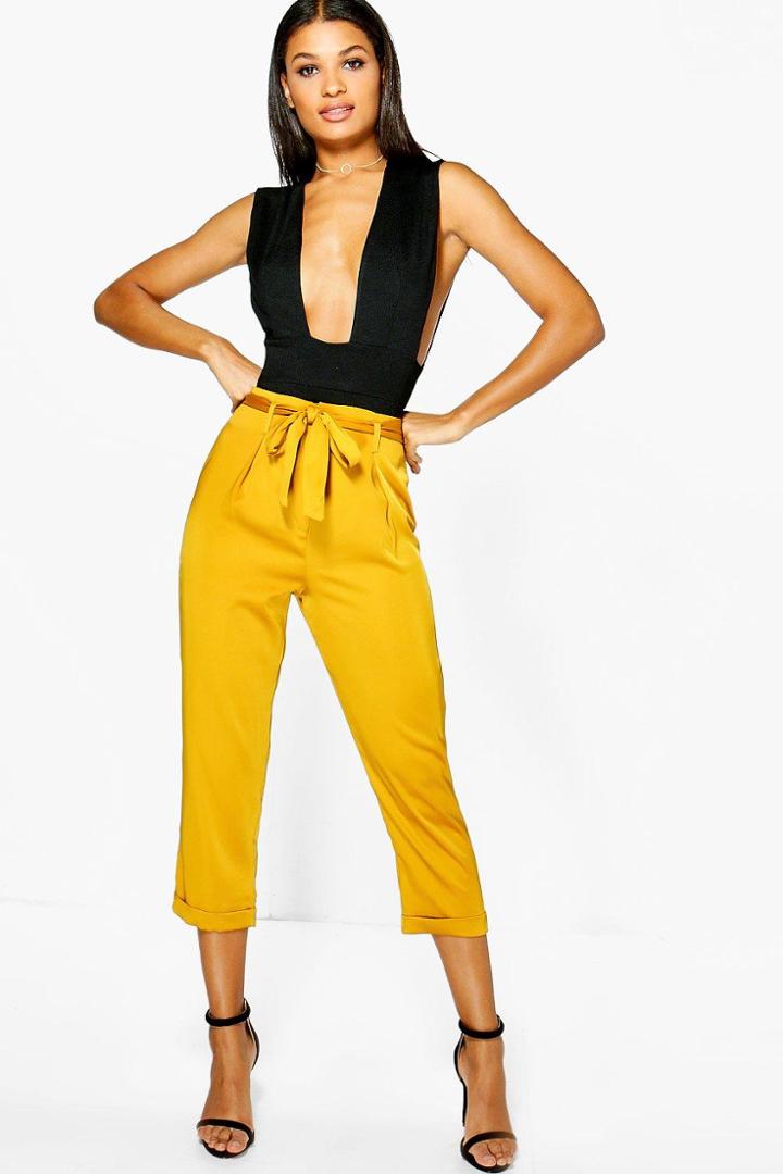 Boohoo Ayah High Waist Belted Cropped Trousers Ochre