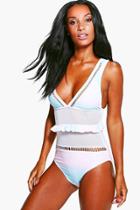 Boohoo Estonia Ombre Frill Mesh Bathing Suit Blue