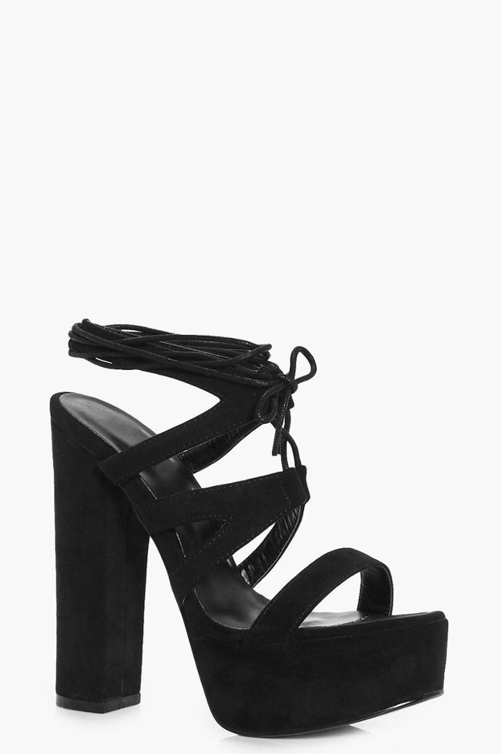 Boohoo Daisy Suedette Wrap Strap Platform Heels Black