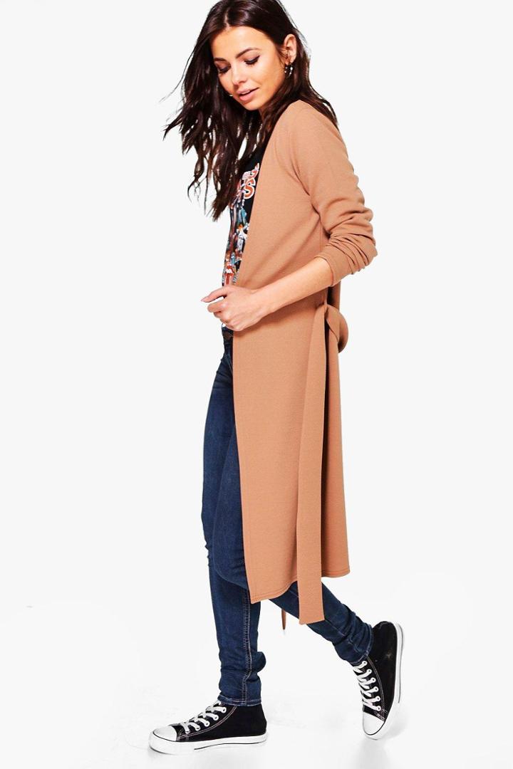 Boohoo Hannah Belted Crepe Coat Ecru