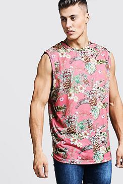 Boohoo Tropical Oversized Drop Armhole Tank With Curved Hem