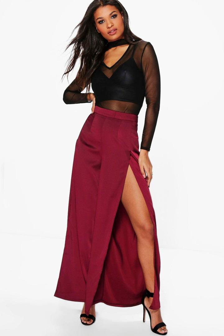 Boohoo Riva Satin Split Front Woven Wide Leg Trousers Aubergine