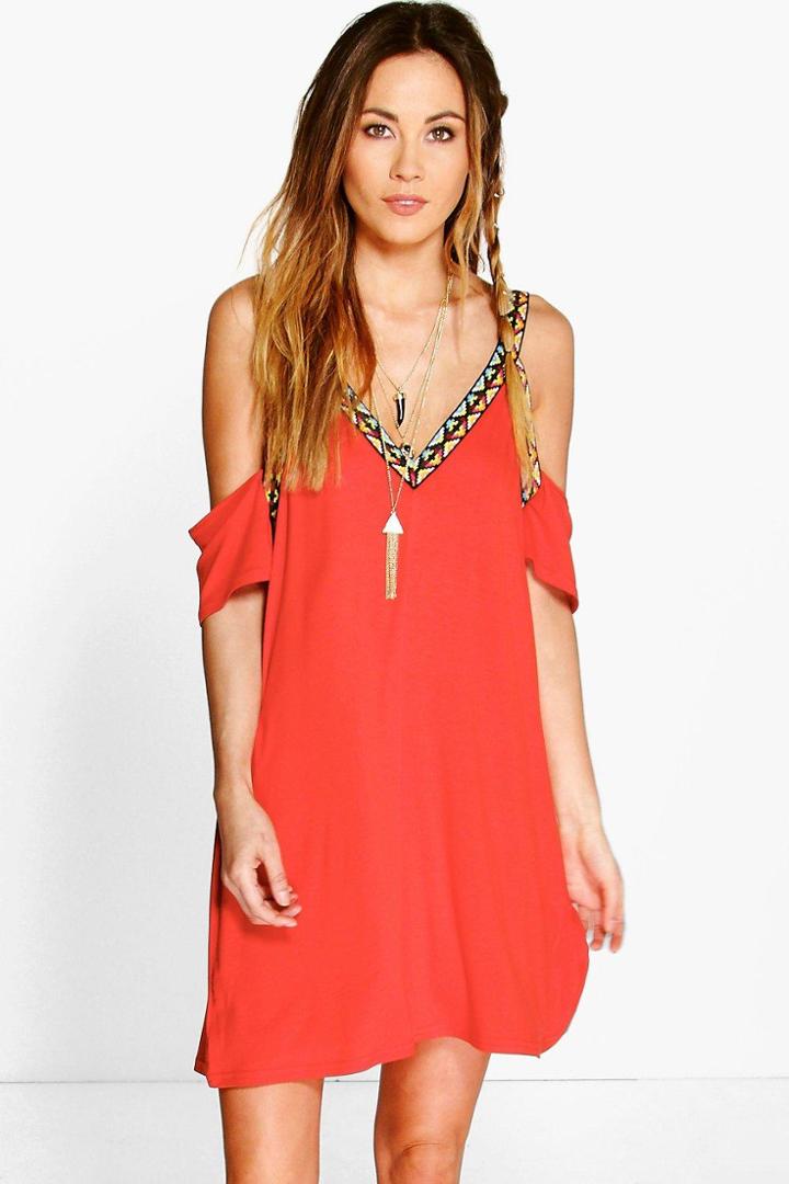 Boohoo Lianne Cold Shoulder Aztec Detail Strappy Dress Poppy