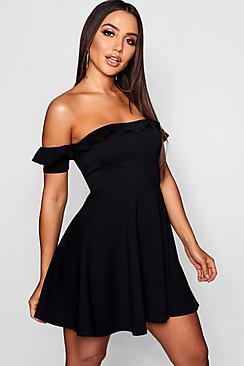Boohoo Off The Shoulder Frill Skater Dress