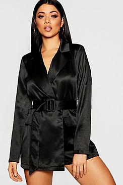 Boohoo Satin Belted Blazer Playsuit