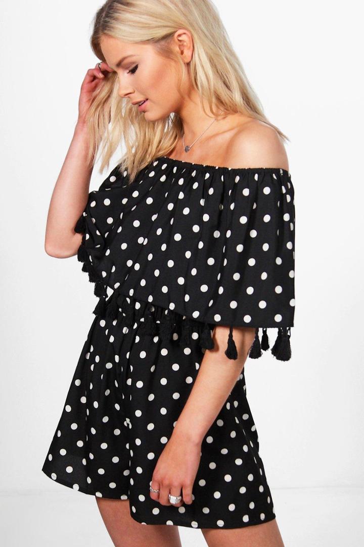 Boohoo Jade Polka Dot Off Shoulder Tassle Playsuit Black