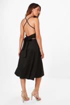 Boohoo Yasmin Tie Back Detail Midi Skater Dress Black
