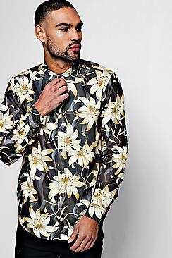 Boohoo Gold Floral Print Long Sleeve Satin Shirt
