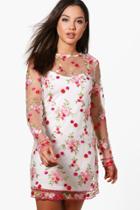 Boohoo Boutique Melodie Embroidery Mesh Shift Dress Ivory