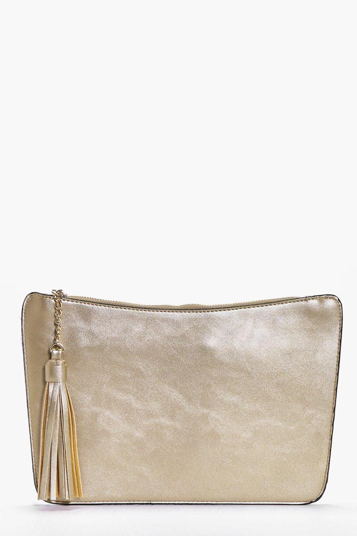 Boohoo Lois Curve Zip Tassel Clutch Bag Gold