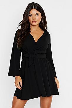 Boohoo Tie Detail Flared Sleeve Skater Dress