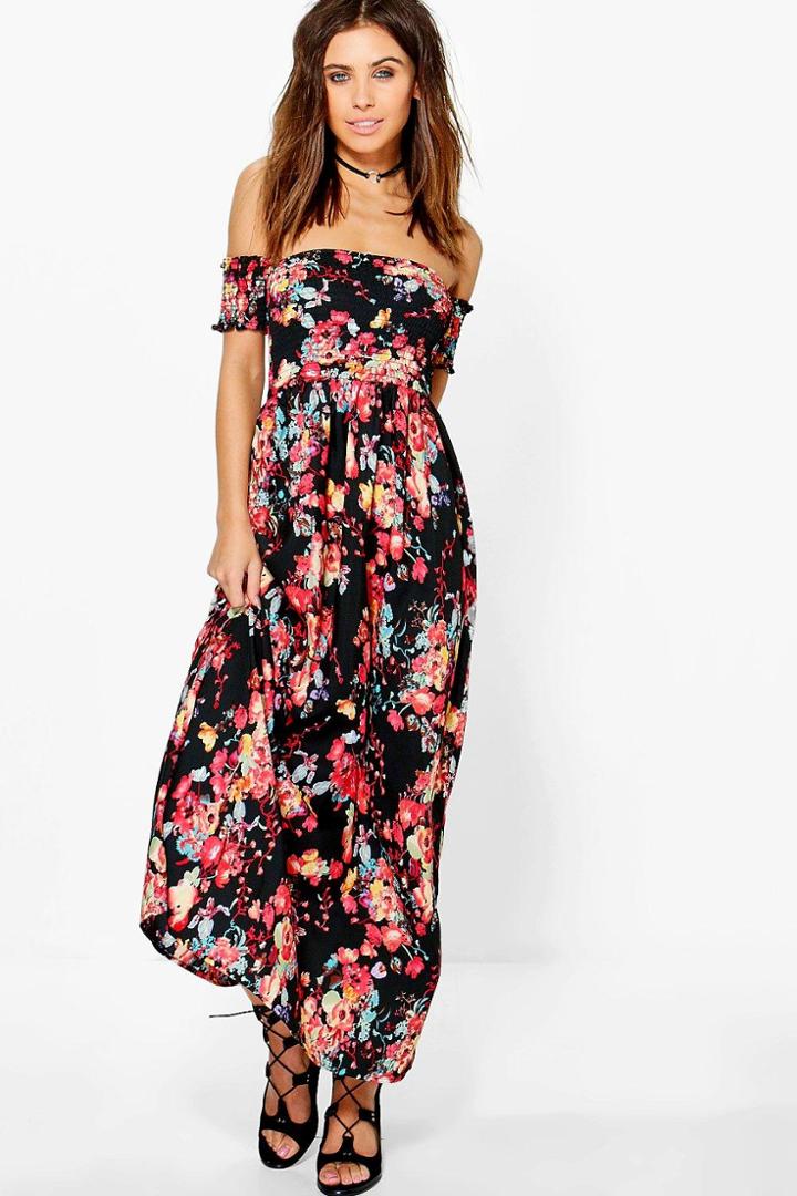 Boohoo Petite Sophie Off The Shoulder Shirred Maxi Dress Black