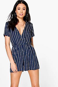Boohoo Alice Striped Wrap Front Playsuit