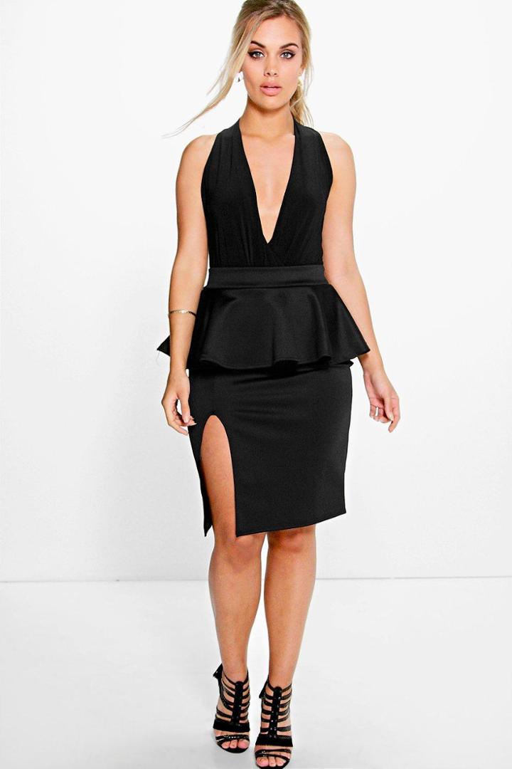 Boohoo Plus Kylie Peplum Side Split Skirt Black