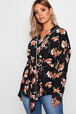 Boohoo Plus Wrap Tie Floral And Spot Top