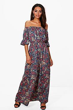 Boohoo Neve Off Shoulder Paisley Print Maxi Dress