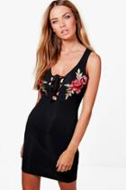 Boohoo Annabel Embrodered Lace Up Bodycon Dress Black