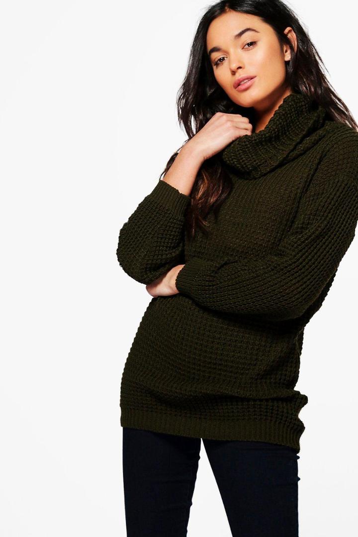 Boohoo Rebecca Cowl Neck Oversized Boyfriend Jumper Khaki