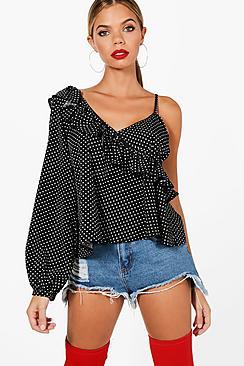 Boohoo Clara Polka Dot Ruffle One Shoulder Top