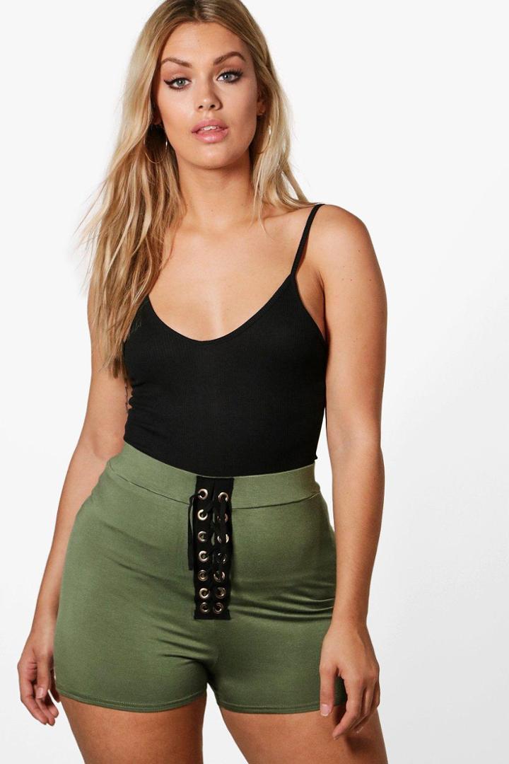 Boohoo Plus Frankie Lace Up Jersey Shorts Khaki
