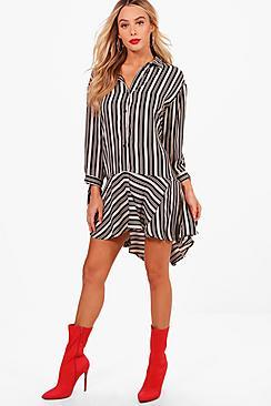 Boohoo Millie Dipped Hem Stripe Woven Shirt Dress