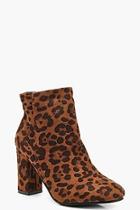 Boohoo Square Toe Leopard Block Heel Shoe Boots