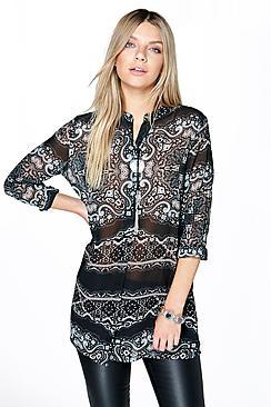 Boohoo Ina Mixed Print Woven Longline Shirt