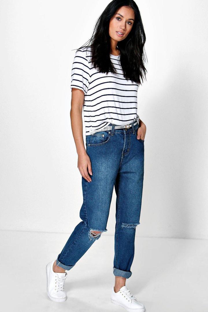 Boohoo Hatty High Dark Wash Distressed Boyfriend Jeans Blue