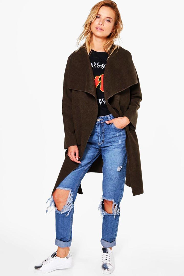 Boohoo Abigail Wool Look Wrap Front Coat Khaki
