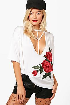 Boohoo Nicole Strappy Choker Embroidered Tee