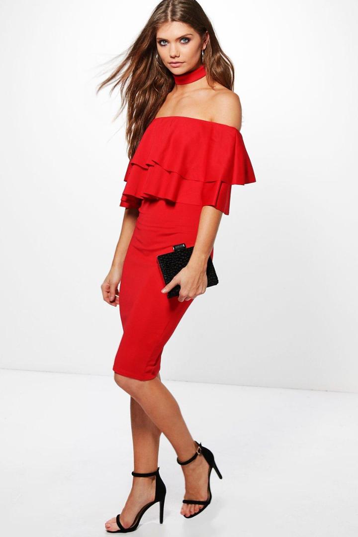 Boohoo Tall Laurel Double Frill Choker Midi Dress Red