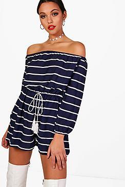 Boohoo Hana Striped Off The Shoulder Playsuit