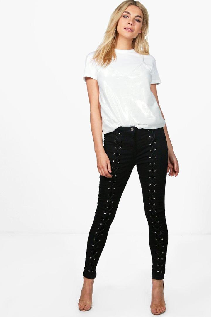 Boohoo Louise Eyelet Skinny Jeans Black