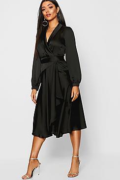 Boohoo Satin Wrap Detail Midi Skater Dress