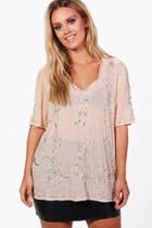 Boohoo Plus Charlotte V Neck Heavy Embellished Top Nude