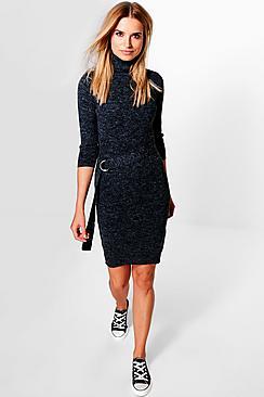 Boohoo Mia Turtle Neck Belted Rib Knit Dress