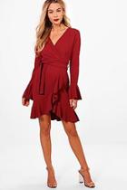 Boohoo Haz Frill Sleeve Tie Waist Ruffle Hem Tea Dress