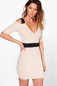 Boohoo Adria Open Shoulder Contrast Bodycon Dress