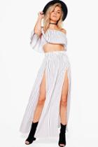 Boohoo Erin Woven Stripe Off The Shoulder Wrap Skirt Co-ord White