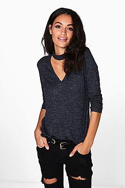 Boohoo Nadia Rib Knit Choker Jumper