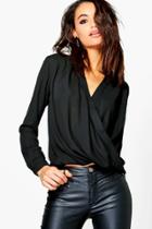 Boohoo Darcy Draped Long Sleeve Blouse Black