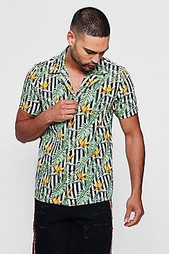 Boohoo Floral Stripe Short Sleeve Revere Shirt