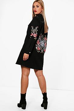 Boohoo Plus Hannah Embroidered Studded Denim Shirt Dress