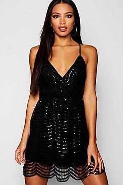 Boohoo Sequin Scallop Lace Bodycon Dress