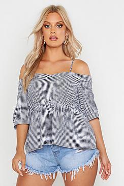 Boohoo Plus Gingham Check Cold Shoulder Top