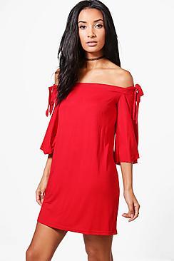 Boohoo Tamara Tie Detail Bardot Dress