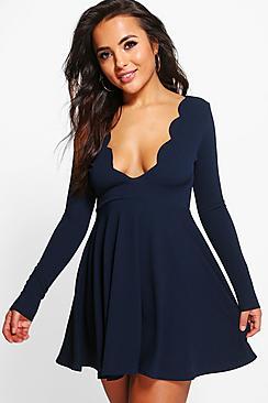 Boohoo Petite Lisa Long Sleeve Scallop Neck Skater Dress