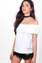 Boohoo Martha Slogan Hem Woven Off The Shoulder Top