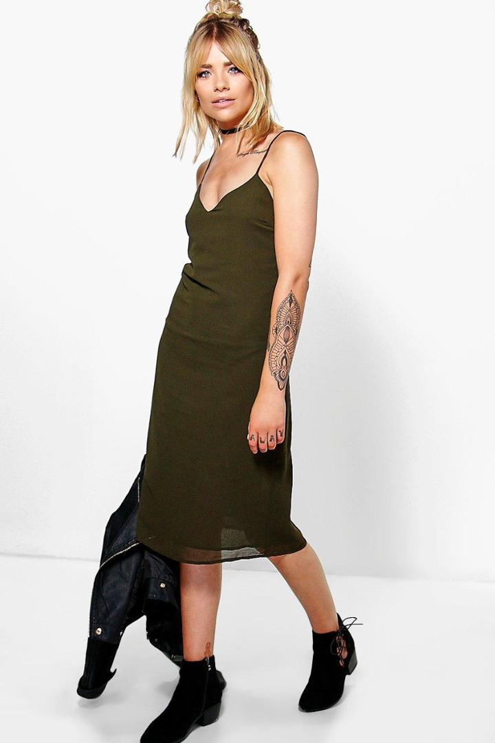 Boohoo Hallie Cami Double Strap Midi Dress Khaki